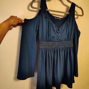 Mooncolour Blue Cold Shoulder Lace Up Tunic Top Women Small Boho Peasant top SM